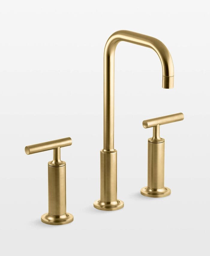 Kohler Vince Brass Basin Faucet with Gooseneck Spout and Dual Lever Handles in Brushed Brass Finish for Modern Bathroom | Luxe Haven Ghana