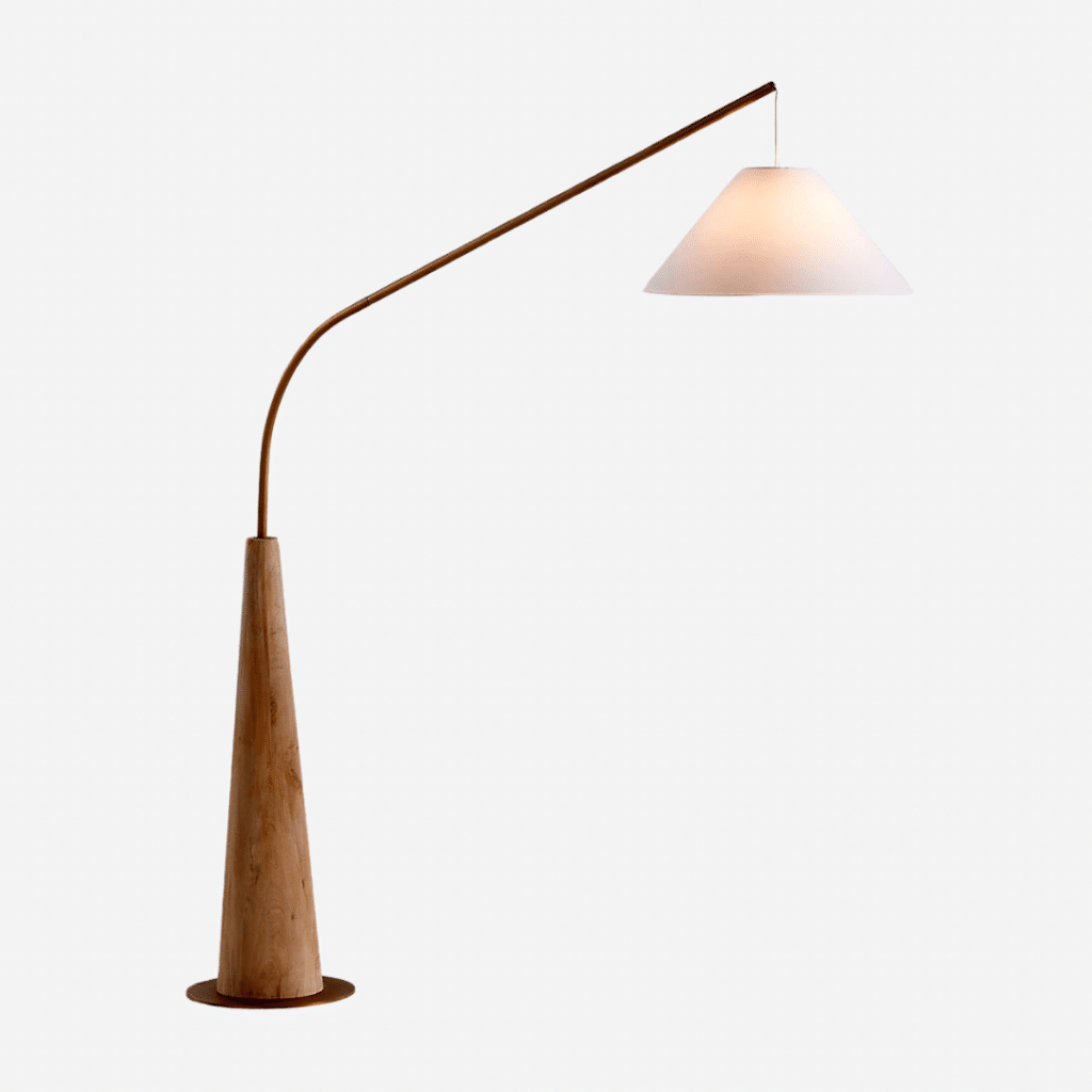 Arc wooden floor lamp with white shade