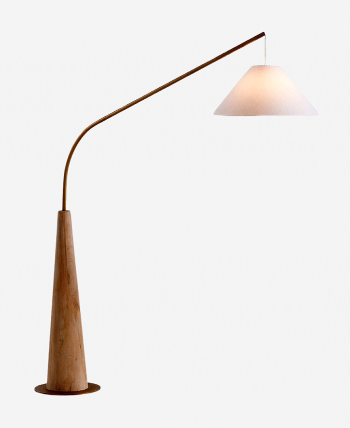 Arc wooden floor lamp with white shade