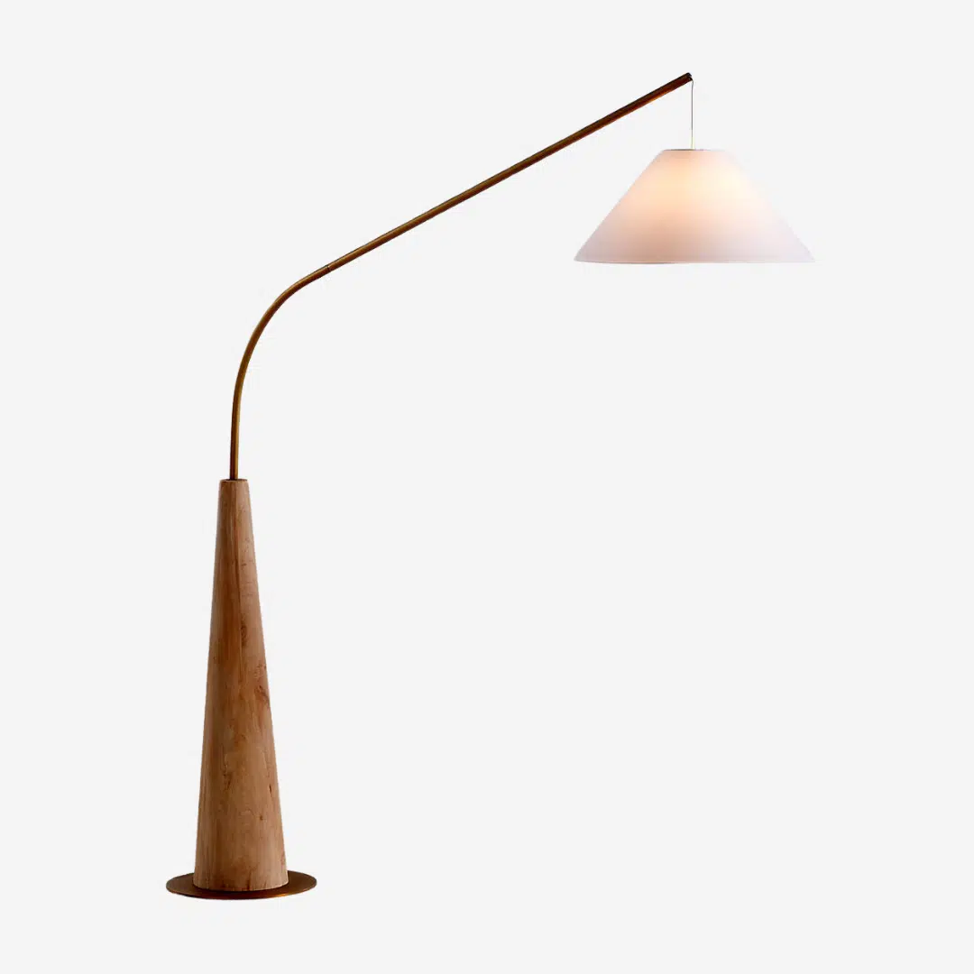 Arc wooden floor lamp with white shade